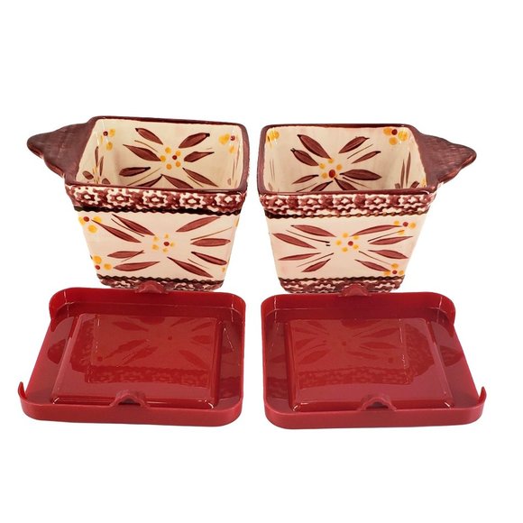 Temptations Set/2 Old World Cranberry Ramekins w/Lids Baking Ovenware Leftovers - Picture 2 of 11